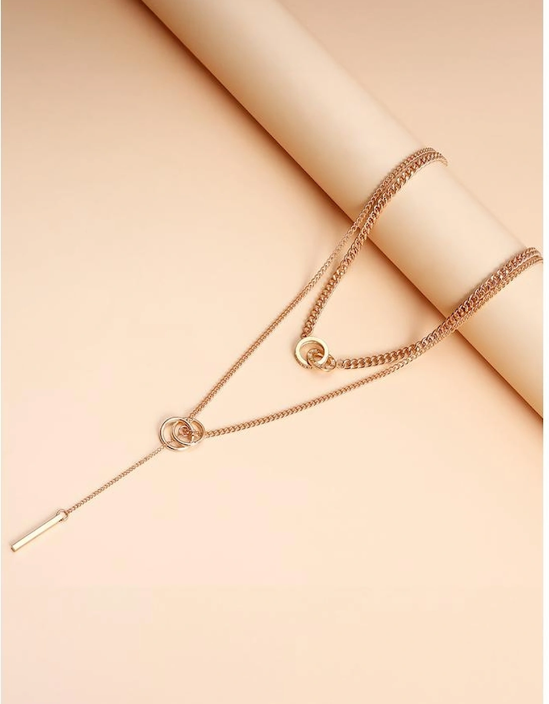 Gold Plated Double Layer O-Ring Long Stick Pendant Chain Necklace