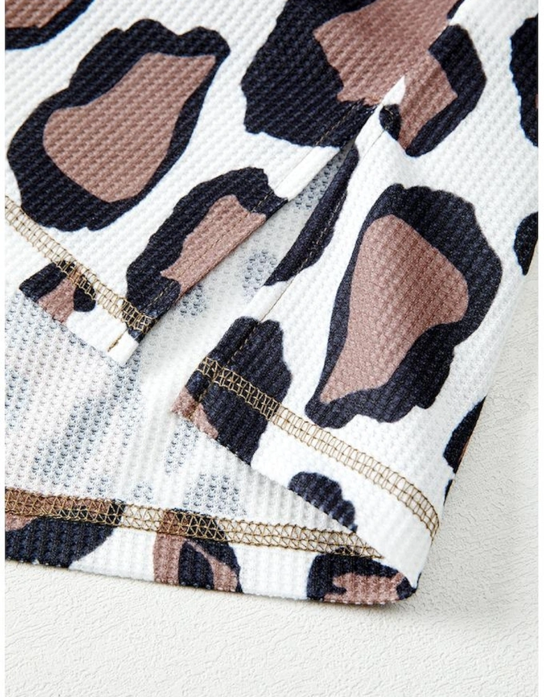 Apricot Oversized Leopard Contrast Mixed Texture Patchwork Zip Up Drop Shoulder Hoodie