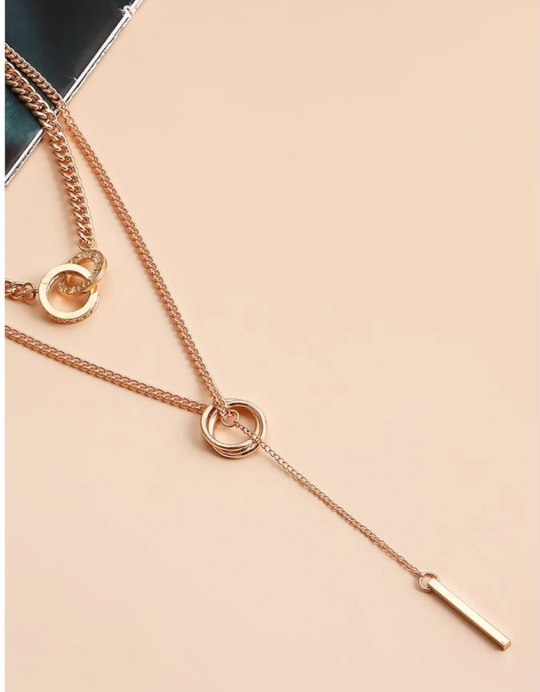 Gold Plated Double Layer O-Ring Long Stick Pendant Chain Necklace