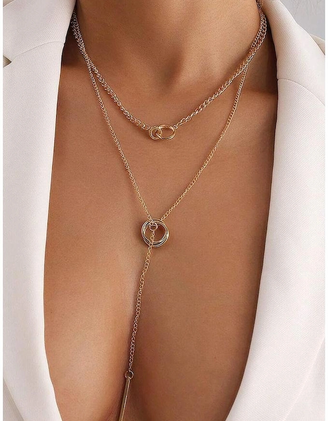 Gold Plated Double Layer O-Ring Long Stick Pendant Chain Necklace, 9 of 8