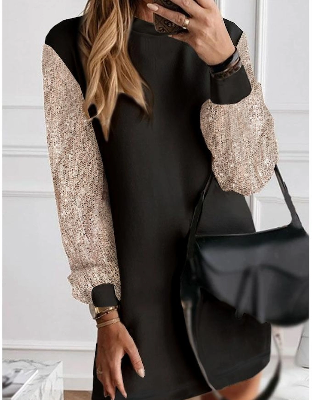 Black Sequin Puff Sleeve Shift Mini Dress