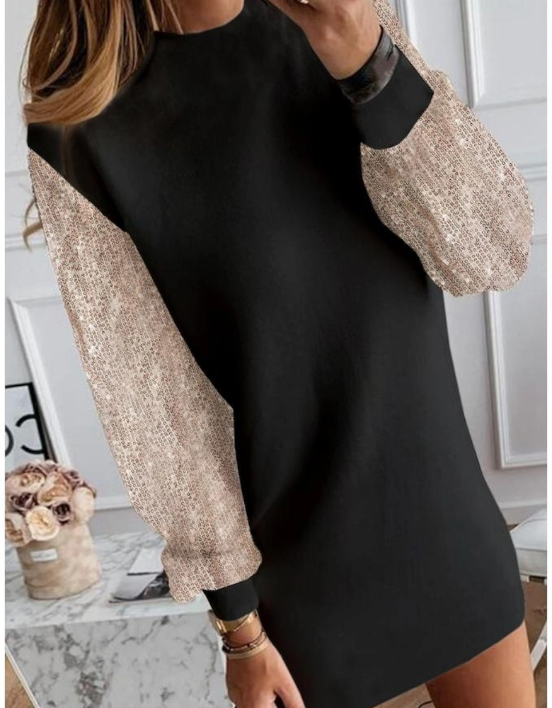 Black Sequin Puff Sleeve Shift Mini Dress