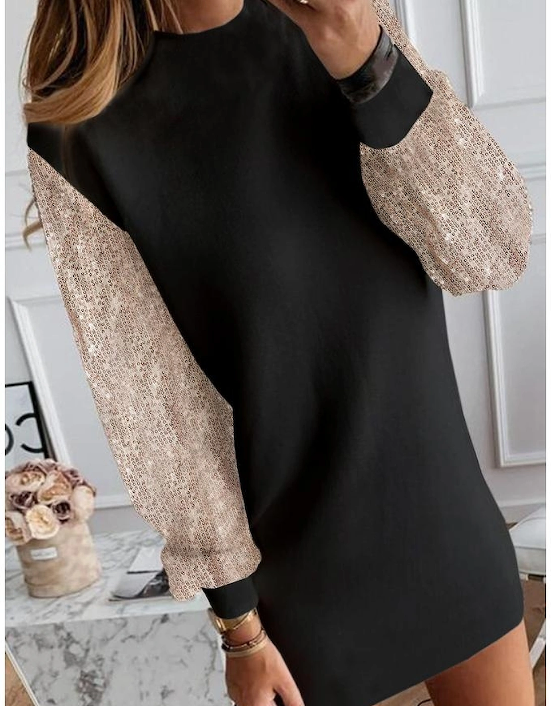 Black Sequin Puff Sleeve Shift Mini Dress, 5 of 4