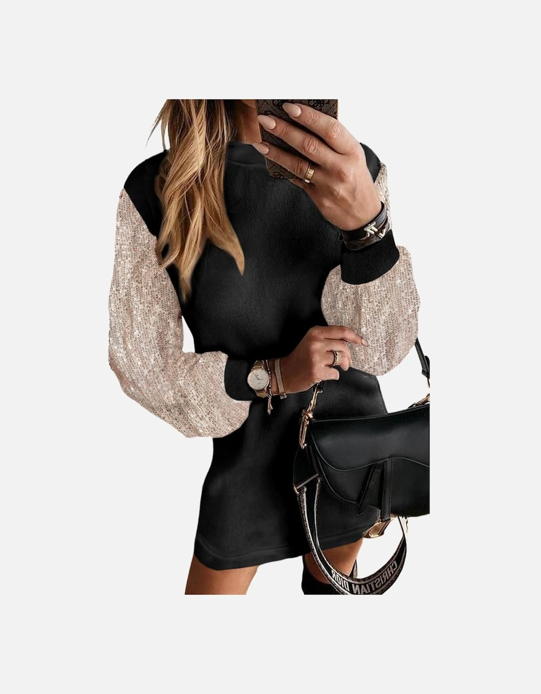 Black Sequin Puff Sleeve Shift Mini Dress
