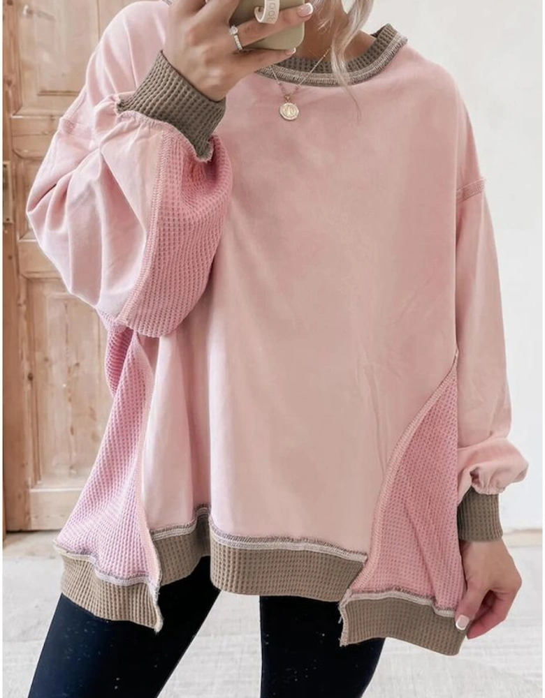 Light Pink Color Block Mix Texture Waffle Patchwork Oversize Sweatshirt