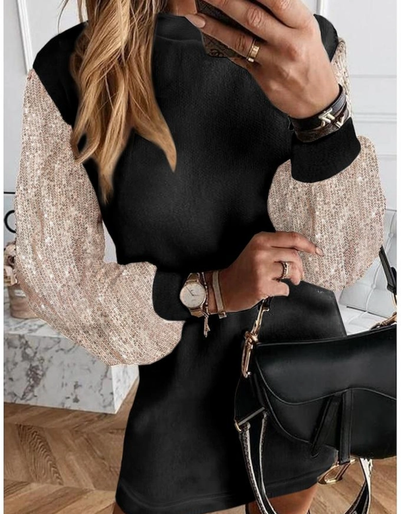 Black Sequin Puff Sleeve Shift Mini Dress