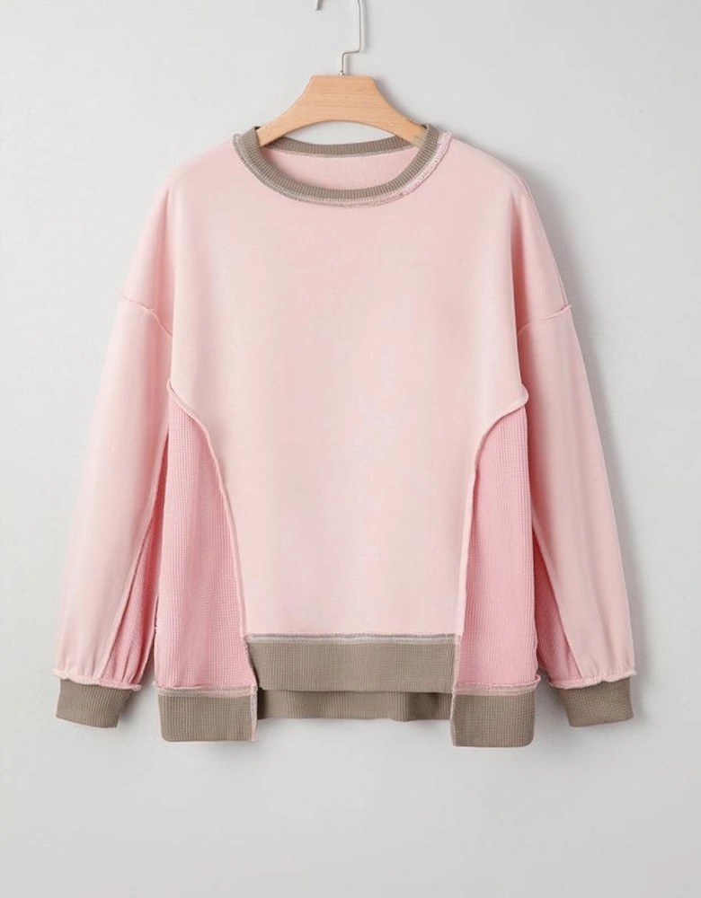 Light Pink Color Block Mix Texture Waffle Patchwork Oversize Sweatshirt