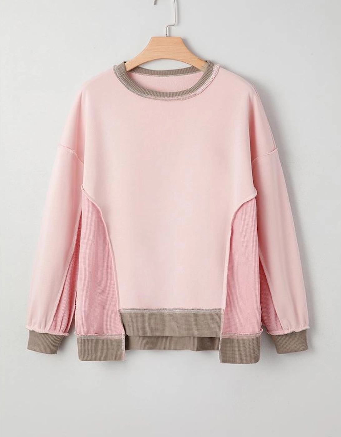 Light Pink Color Block Mix Texture Waffle Patchwork Oversize Sweatshirt