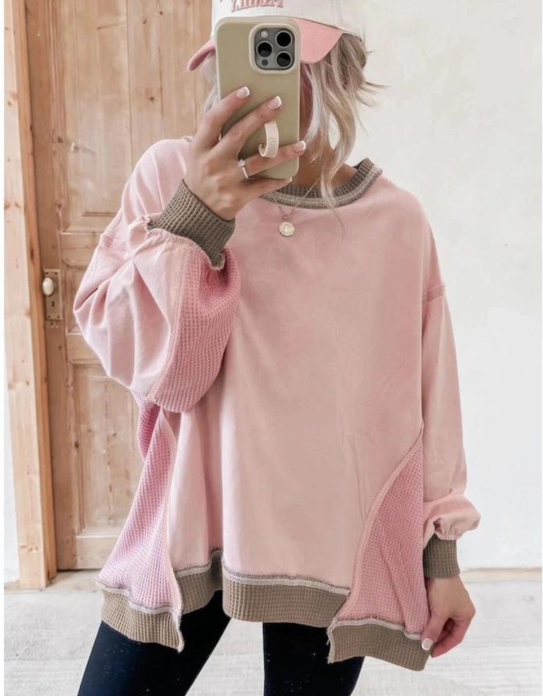 Light Pink Color Block Mix Texture Waffle Patchwork Oversize Sweatshirt