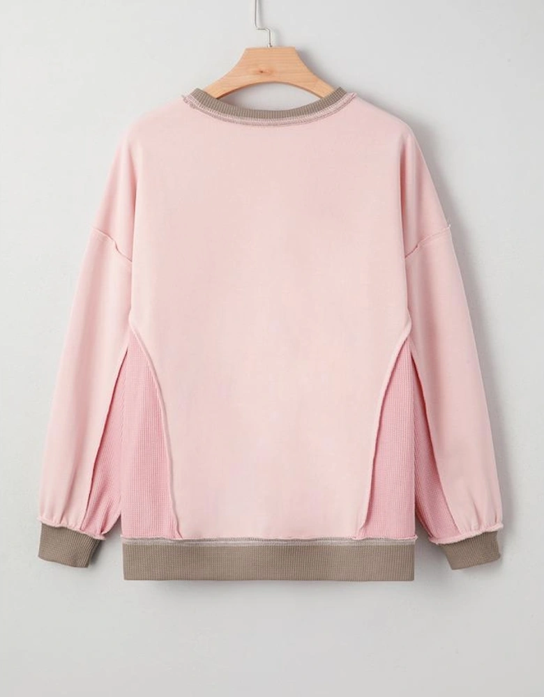 Light Pink Color Block Mix Texture Waffle Patchwork Oversize Sweatshirt
