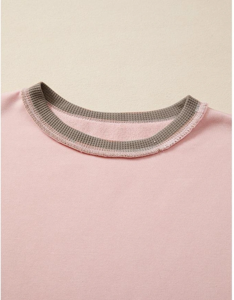 Light Pink Color Block Mix Texture Waffle Patchwork Oversize Sweatshirt