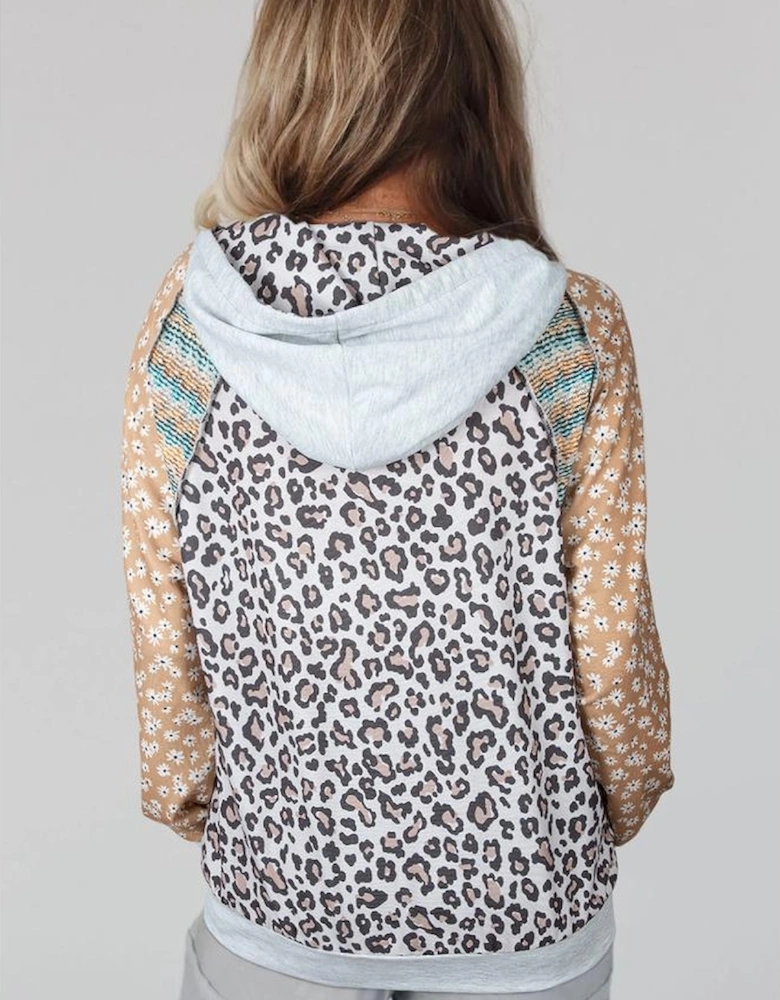 Multicolor Leopard Floral Patchwork Drawstring Hoodie