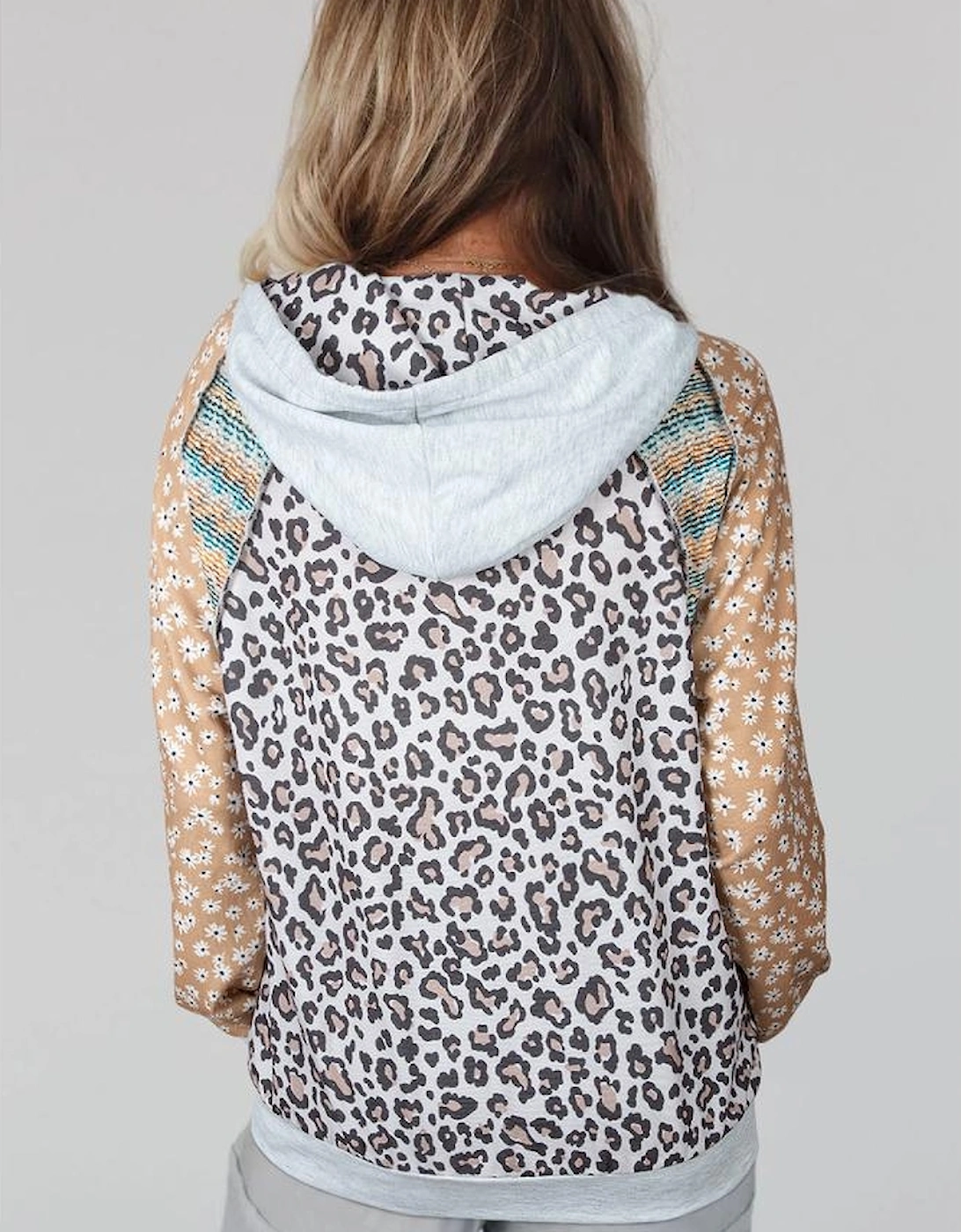Multicolor Leopard Floral Patchwork Drawstring Hoodie, 4 of 3
