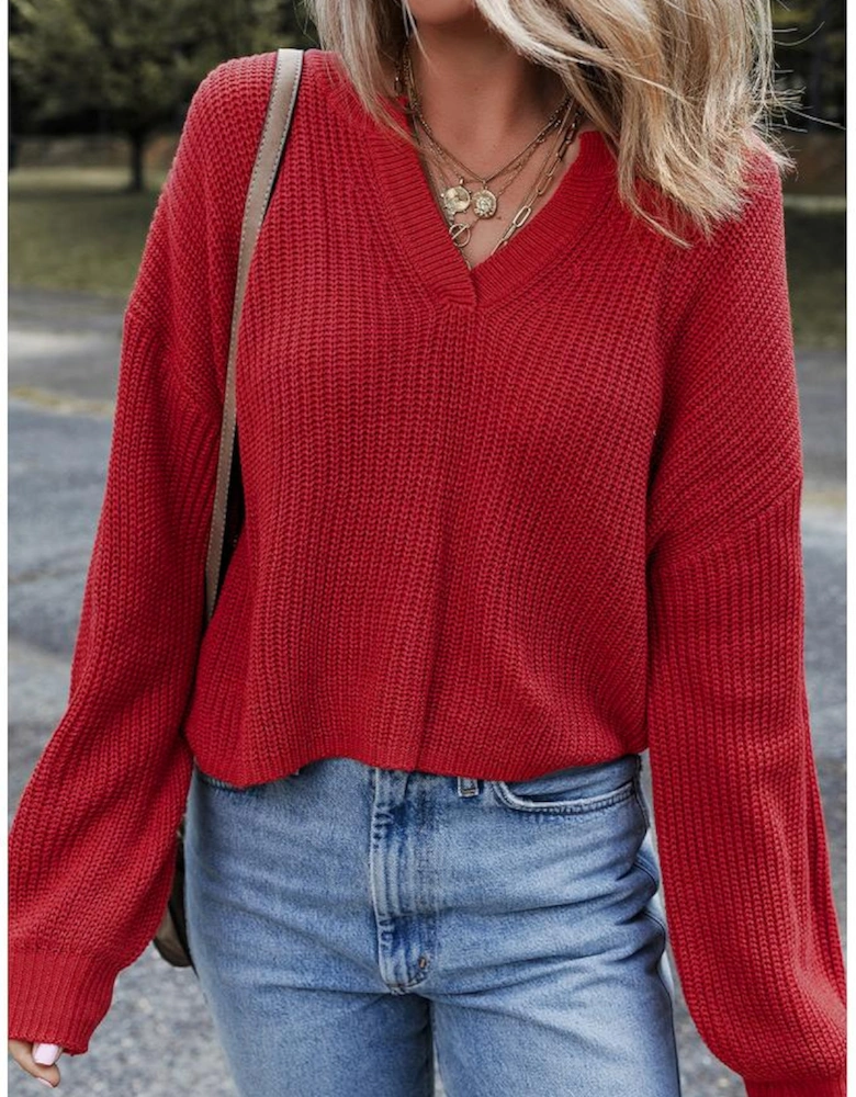 Racing Red Solid Textured Knit V Neck Drop Shoulder Sweater