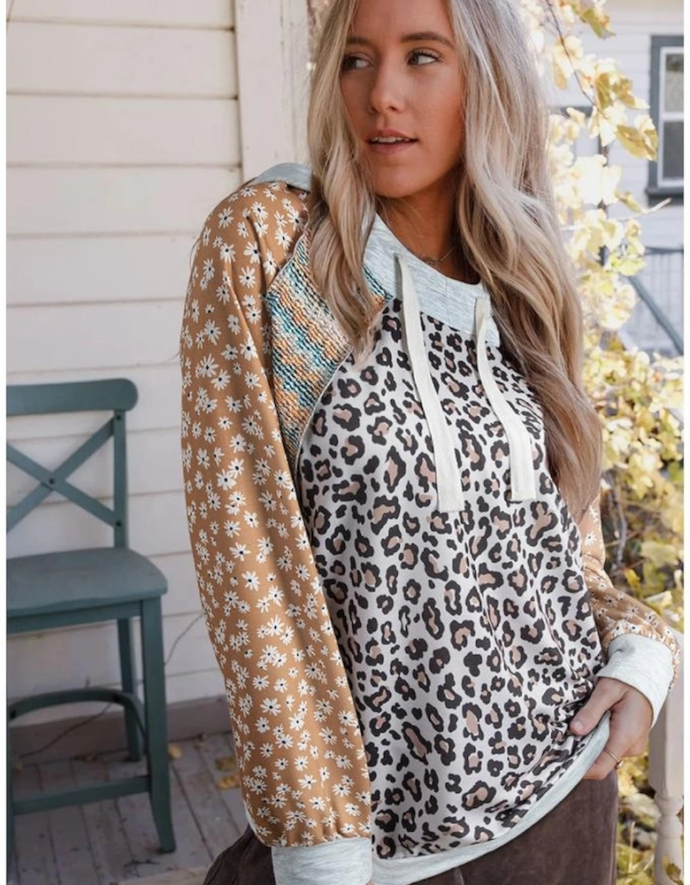 Multicolor Leopard Floral Patchwork Drawstring Hoodie