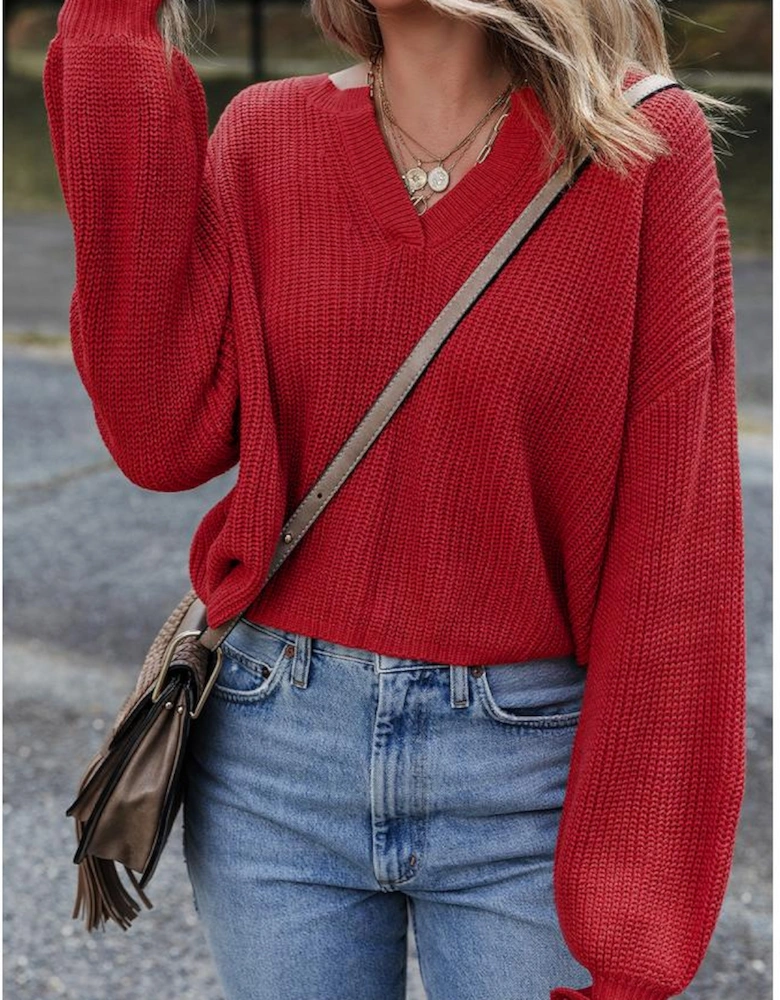 Racing Red Solid Textured Knit V Neck Drop Shoulder Sweater