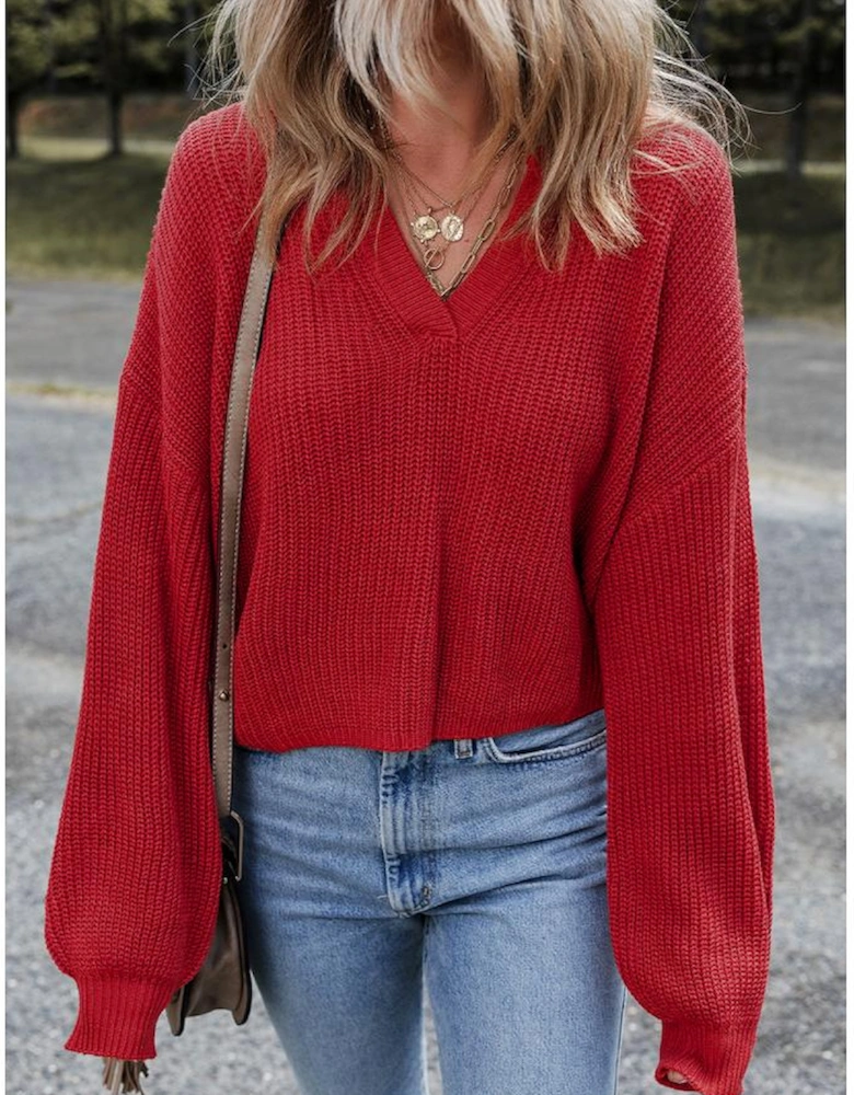 Racing Red Solid Textured Knit V Neck Drop Shoulder Sweater