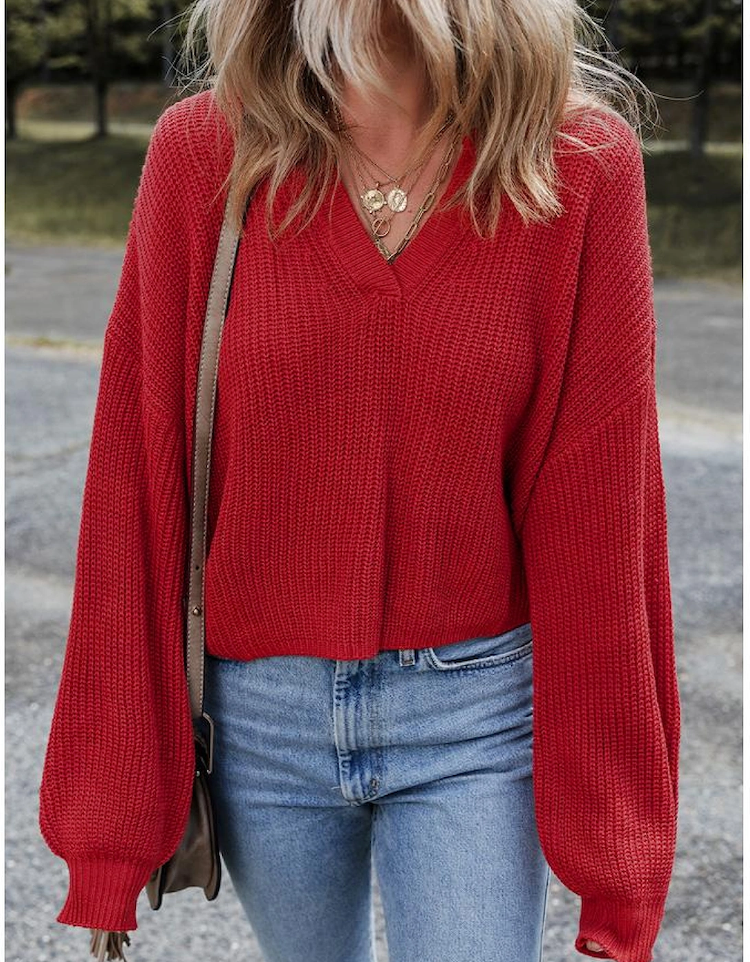Racing Red Solid Textured Knit V Neck Drop Shoulder Sweater