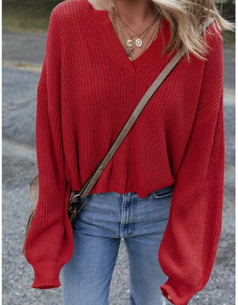 Racing Red Solid Textured Knit V Neck Drop Shoulder Sweater