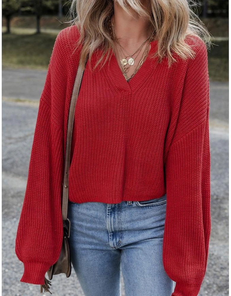 Racing Red Solid Textured Knit V Neck Drop Shoulder Sweater