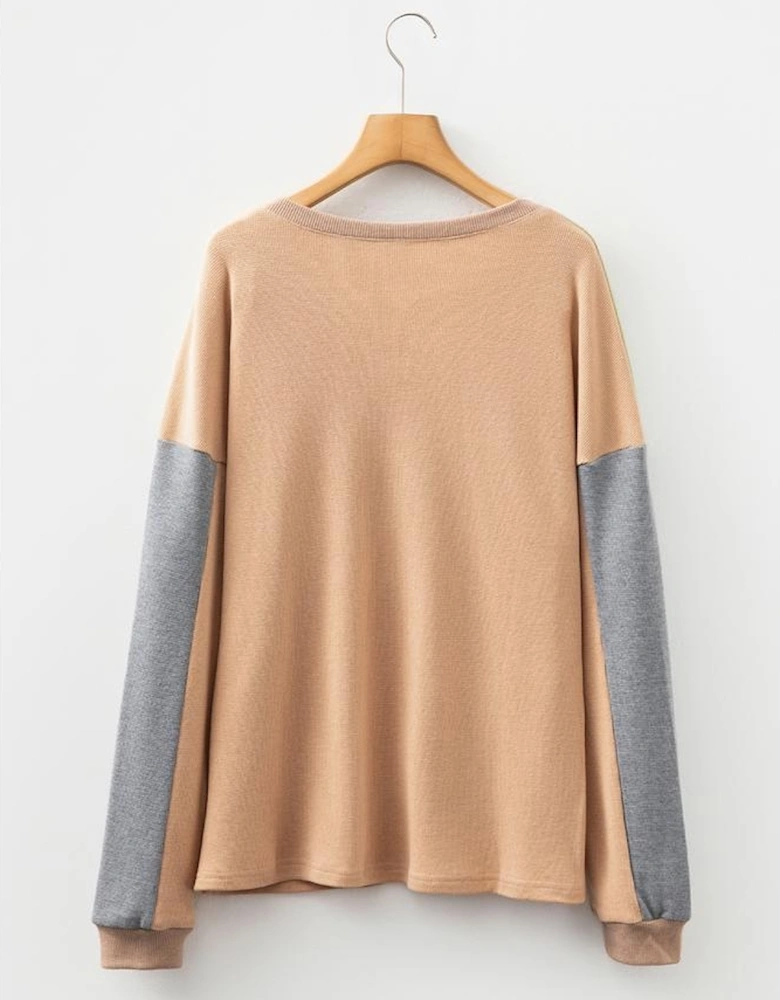 Buckskin Color Block Thermal Textured Knit Drop Shoulder Henley Top