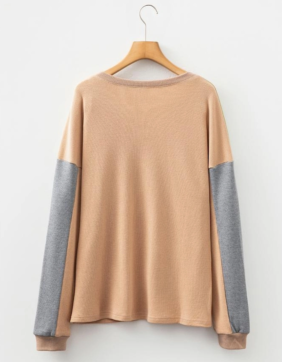 Buckskin Color Block Thermal Textured Knit Drop Shoulder Henley Top