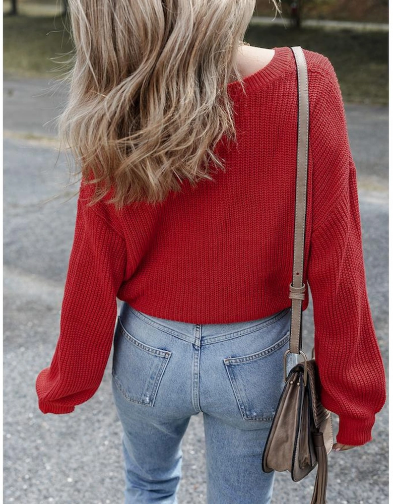 Racing Red Solid Textured Knit V Neck Drop Shoulder Sweater