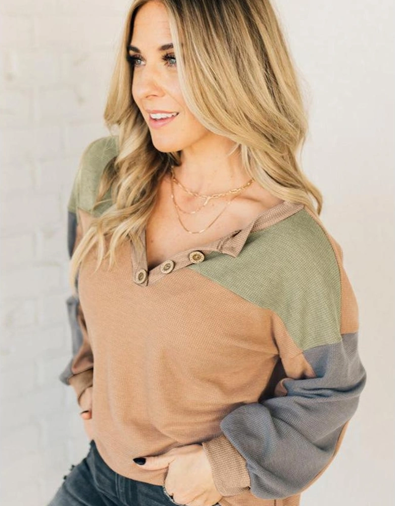 Buckskin Color Block Thermal Textured Knit Drop Shoulder Henley Top
