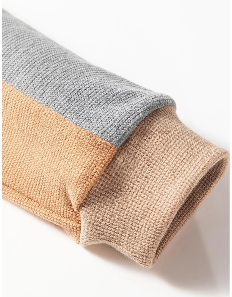 Buckskin Color Block Thermal Textured Knit Drop Shoulder Henley Top