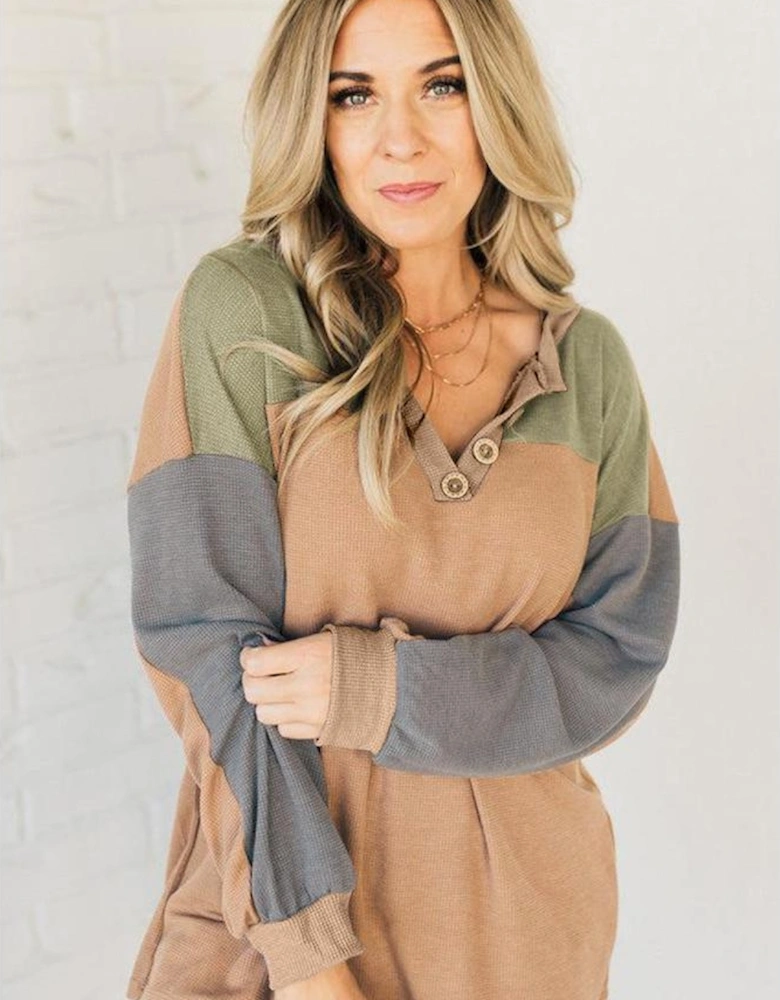Buckskin Color Block Thermal Textured Knit Drop Shoulder Henley Top