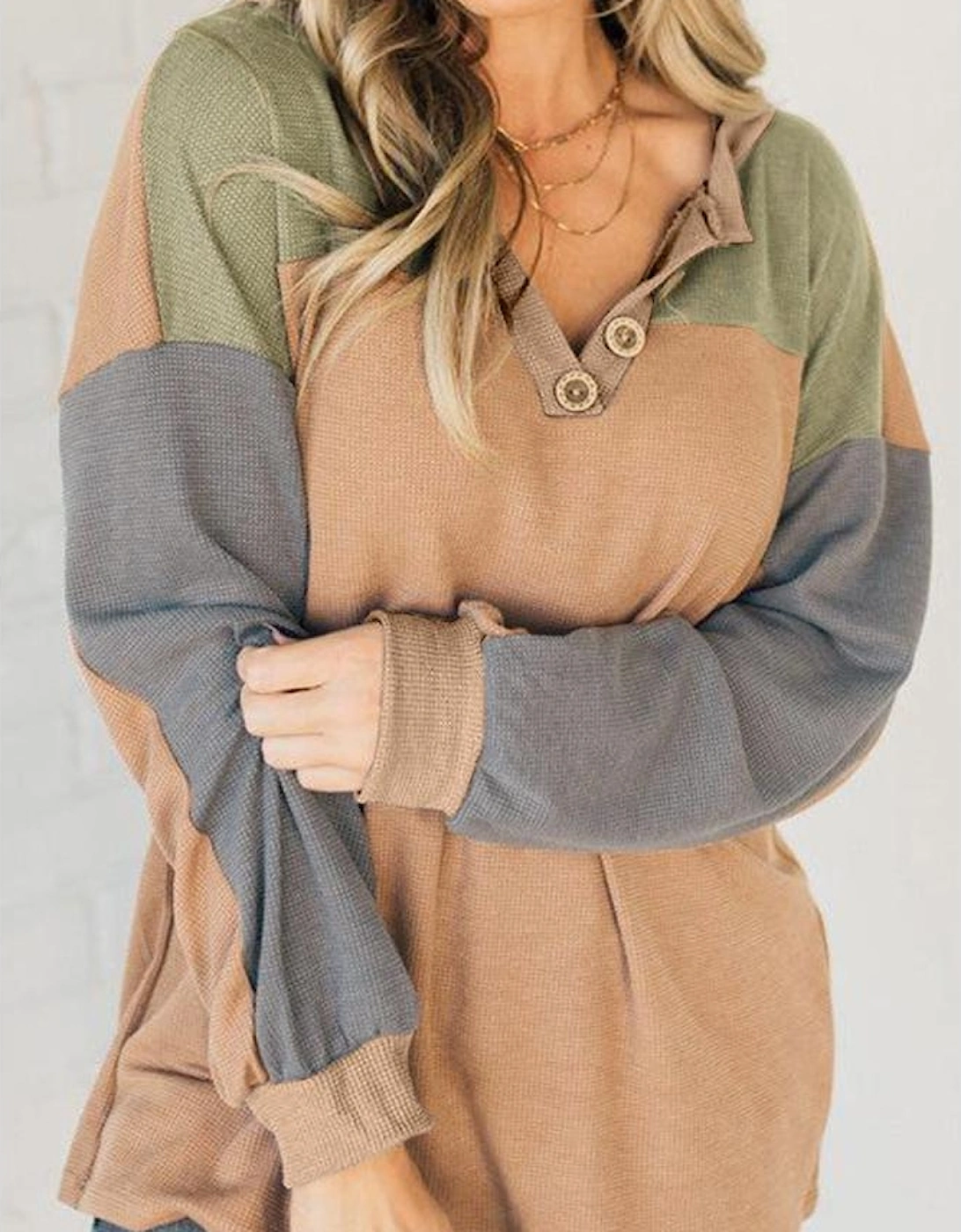 Buckskin Color Block Thermal Textured Knit Drop Shoulder Henley Top