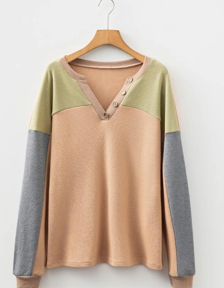 Buckskin Color Block Thermal Textured Knit Drop Shoulder Henley Top