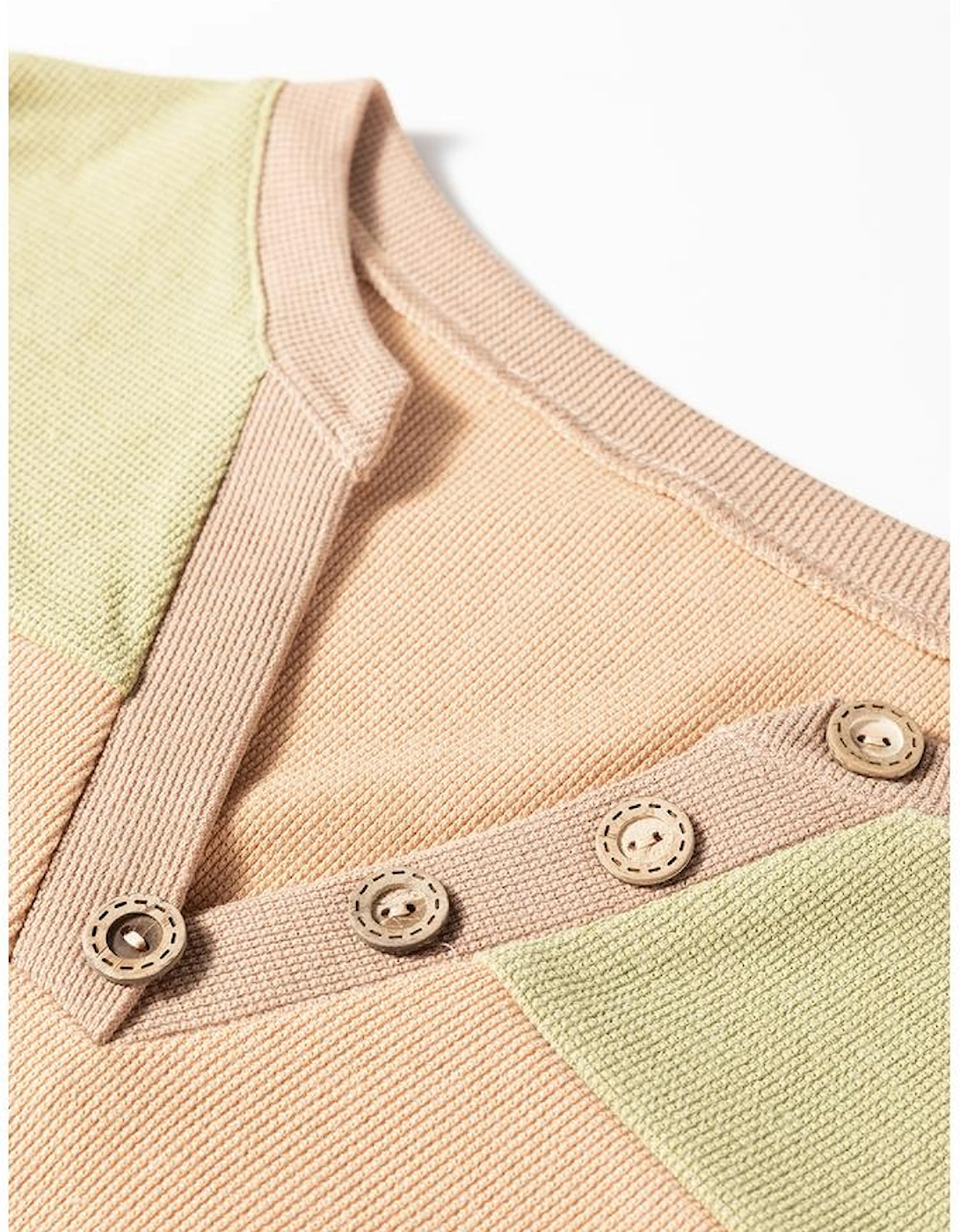 Buckskin Color Block Thermal Textured Knit Drop Shoulder Henley Top