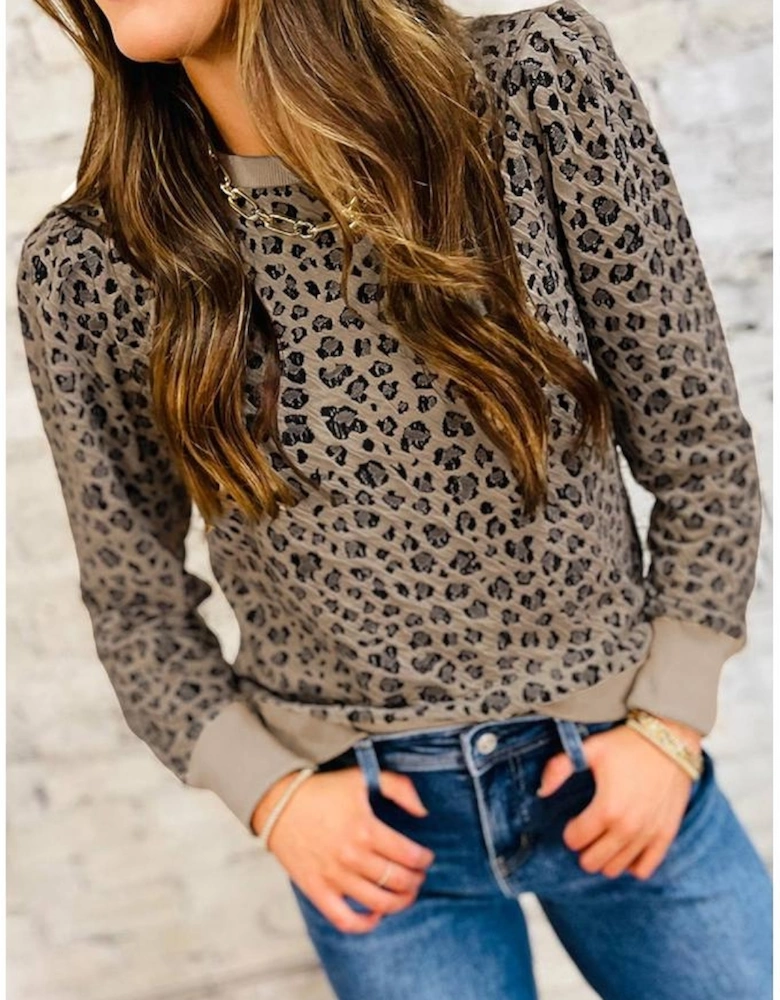 Khaki Ribbed Trim Leopard Print Long Sleeve Top