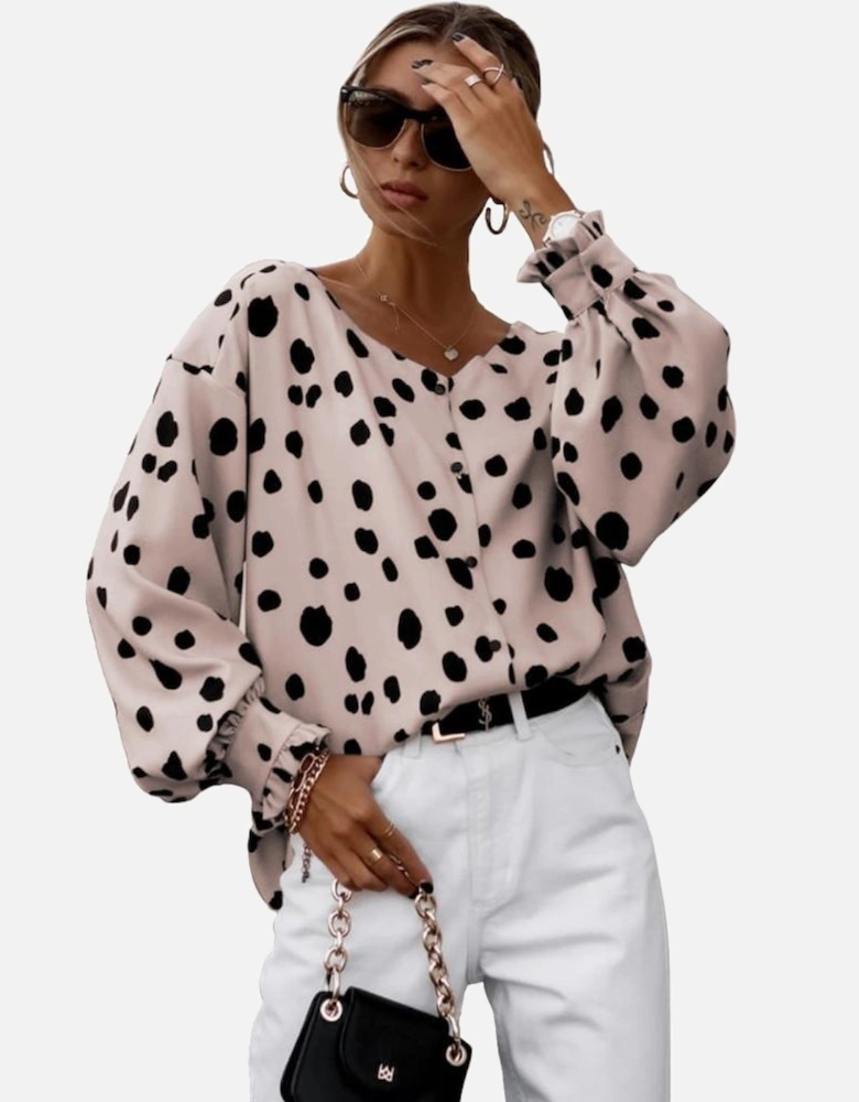 Pink Button Frill Cuffs Oversize Puff Sleeve Blouse