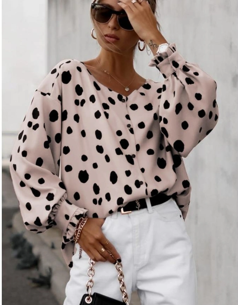 Pink Button Frill Cuffs Oversize Puff Sleeve Blouse