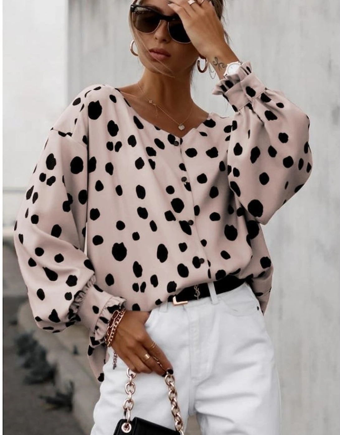 Pink Button Frill Cuffs Oversize Puff Sleeve Blouse