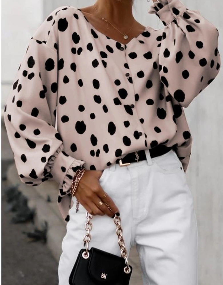 Pink Button Frill Cuffs Oversize Puff Sleeve Blouse