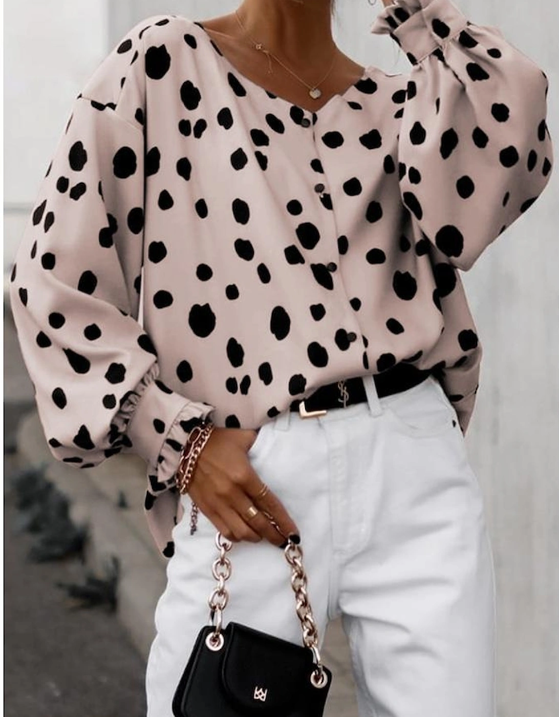 Pink Button Frill Cuffs Oversize Puff Sleeve Blouse