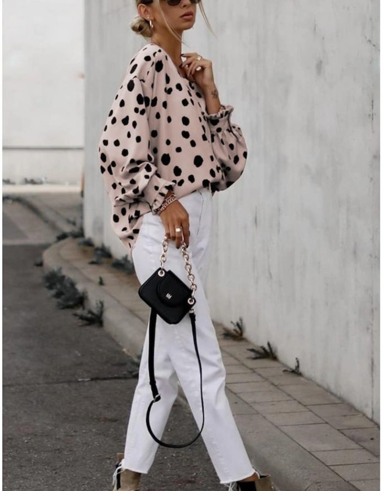 Pink Button Frill Cuffs Oversize Puff Sleeve Blouse