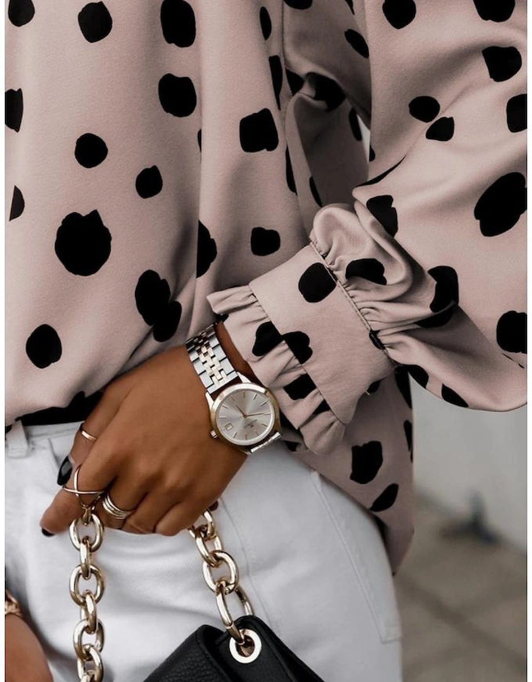 Pink Button Frill Cuffs Oversize Puff Sleeve Blouse