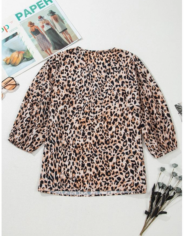 Apricot Leopard V Neck Half Sleeve Blouse