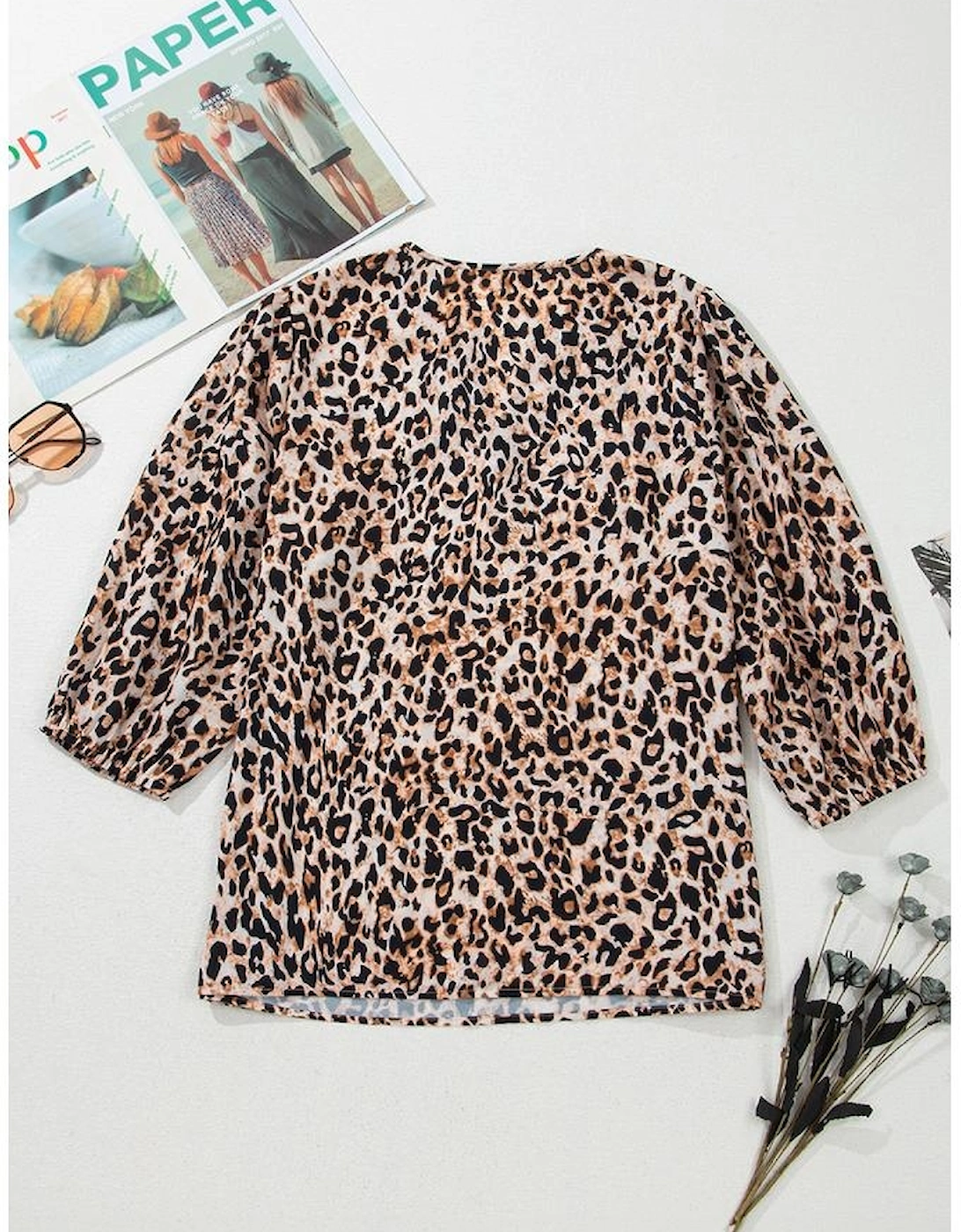 Apricot Leopard V Neck Half Sleeve Blouse