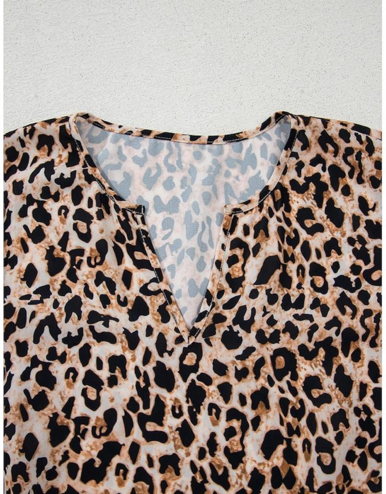 Apricot Leopard V Neck Half Sleeve Blouse