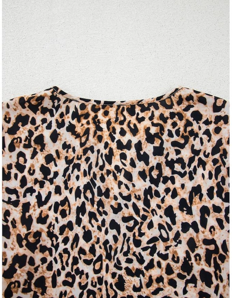 Apricot Leopard V Neck Half Sleeve Blouse
