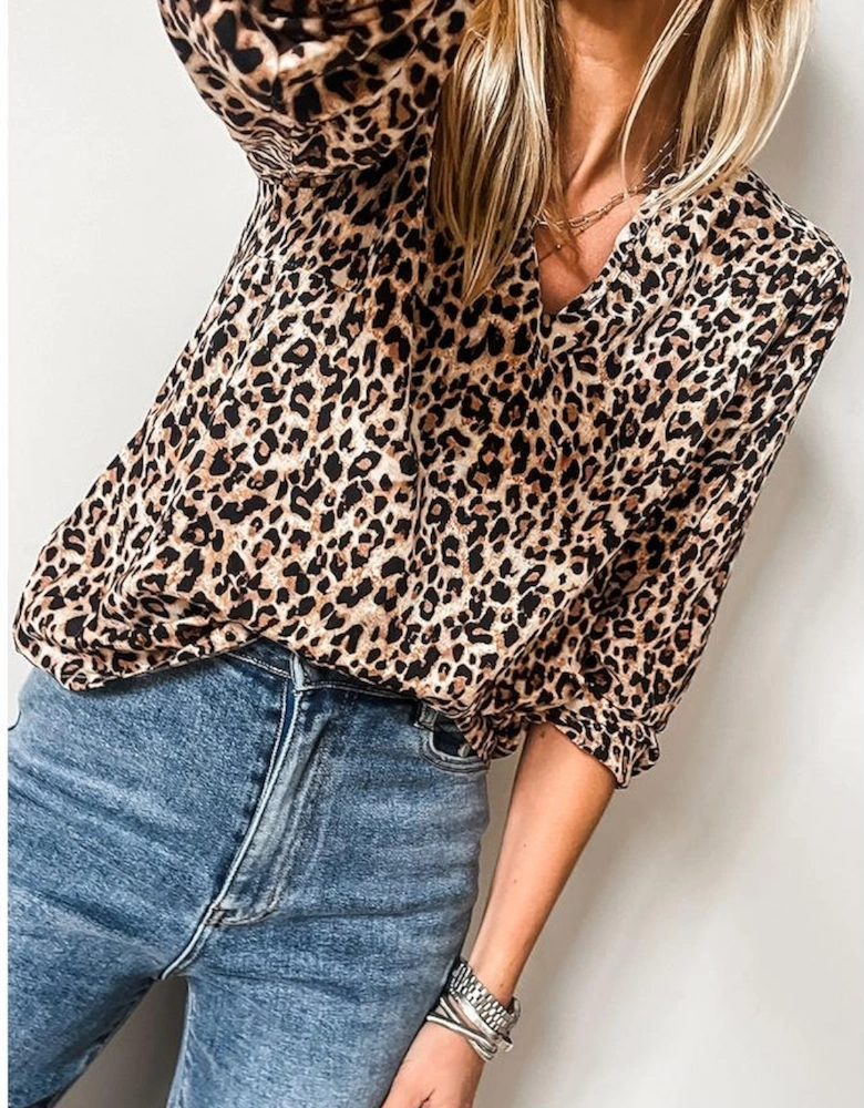 Apricot Leopard V Neck Half Sleeve Blouse