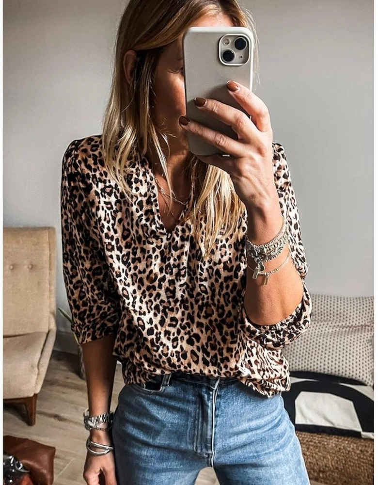 Apricot Leopard V Neck Half Sleeve Blouse