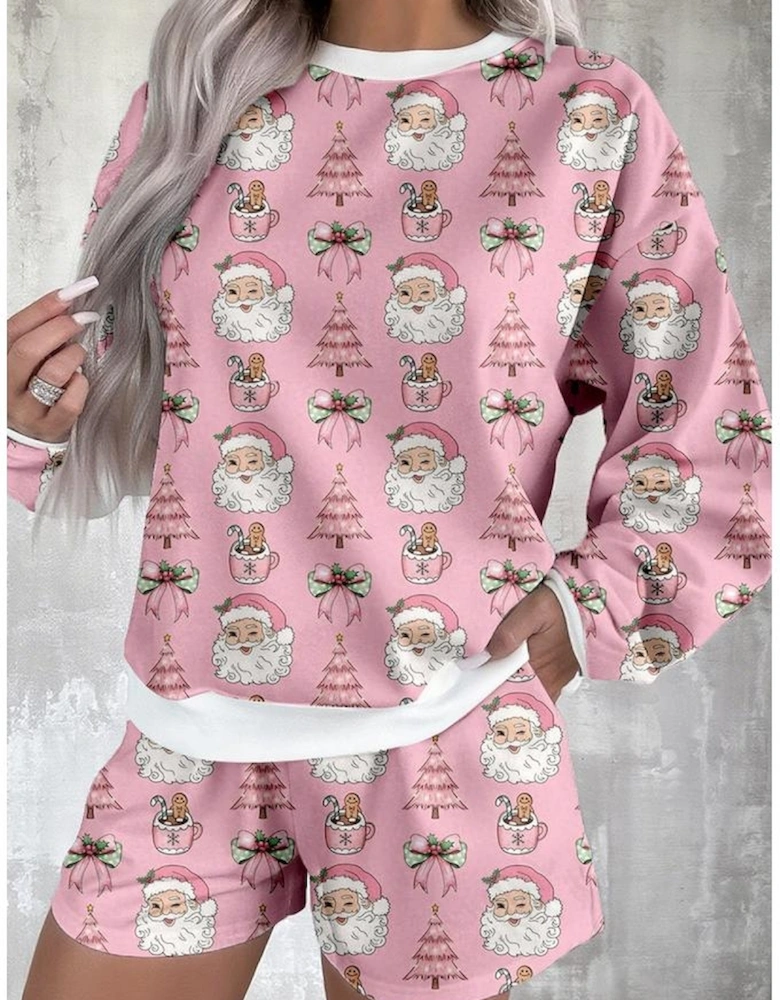 Pink Ho Ho Ho Christmas Fashion Print 2pcs Lounge Short Set