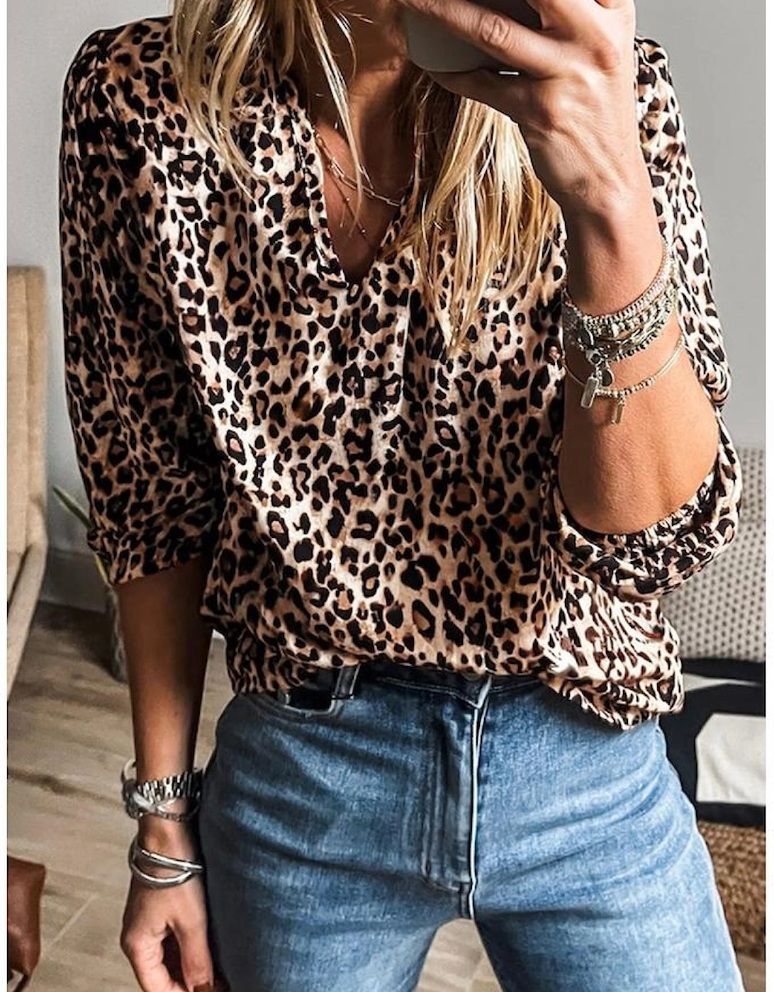 Apricot Leopard V Neck Half Sleeve Blouse