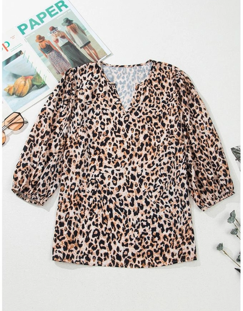 Apricot Leopard V Neck Half Sleeve Blouse